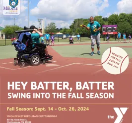 A disabled child in a wheelchair swings the baseball bat as a pitch is thrown towards home plate